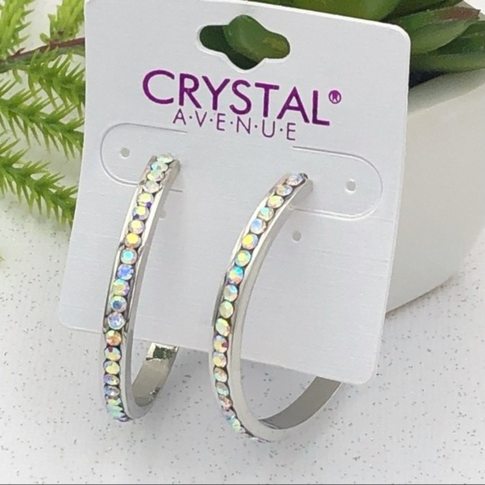 🌼 AB Iridescent Rhinestone Single Line Silver Hoop Earrings